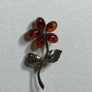 Vintage 70"s Silver and Amber Flower Brooch